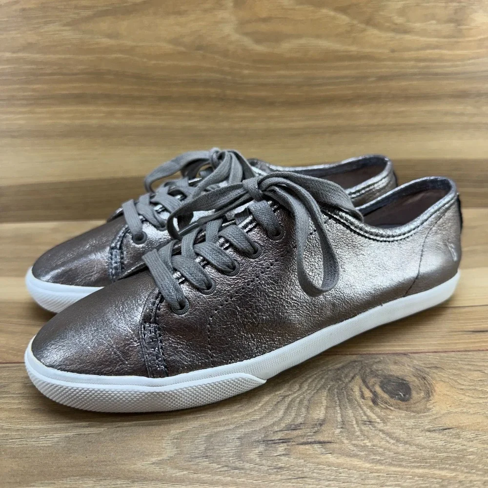Frye Maya Pewter Metallic Sneakers Womens 6.5 Leather Low Top Flats